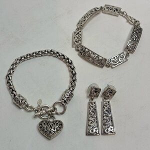 Premier Designs Heart Toggle Woven Bracelet Filigree Dangle Earrings Silver Set